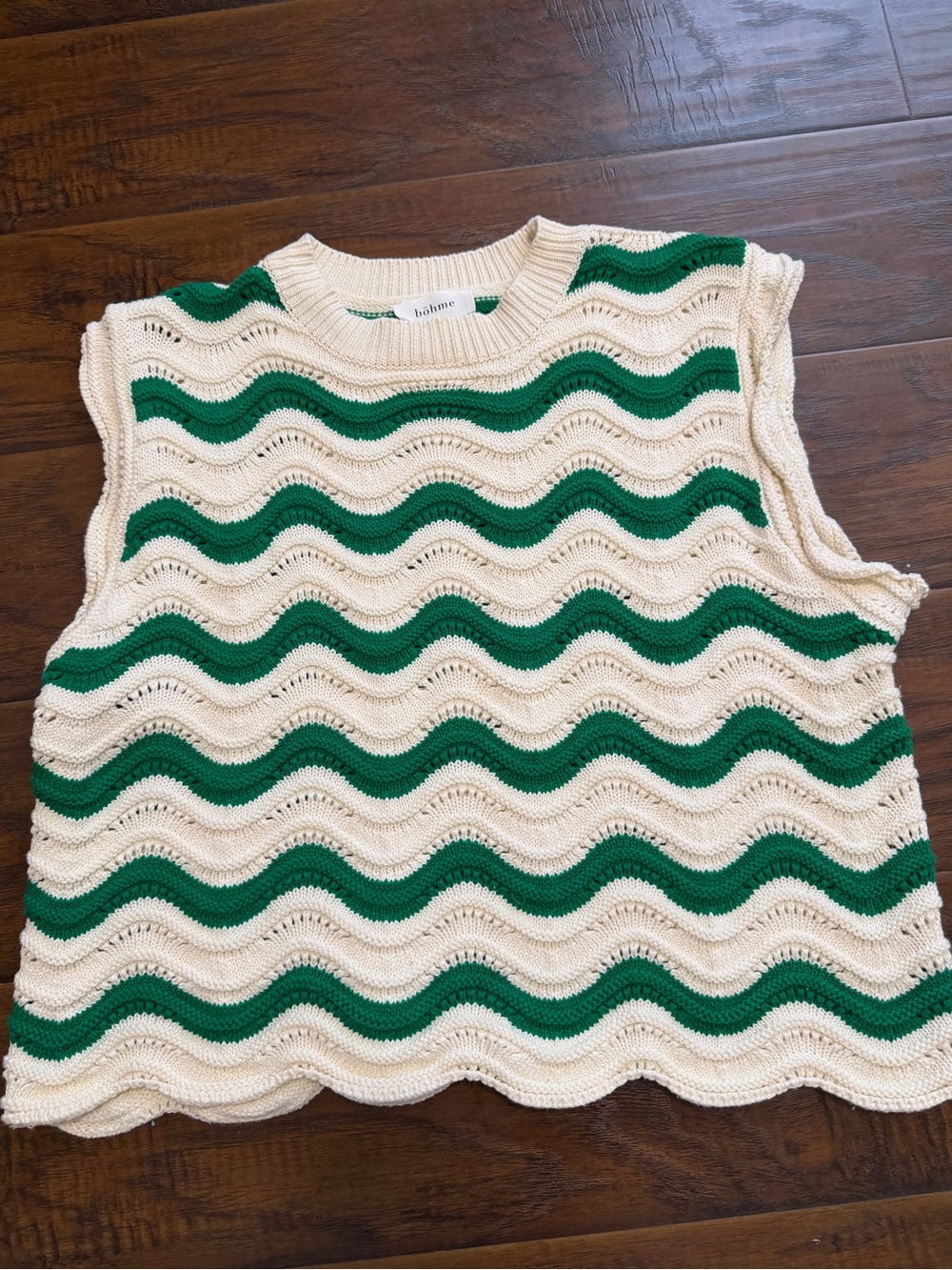bohme Cream and Green Wave Knit Sleeveless Sweater